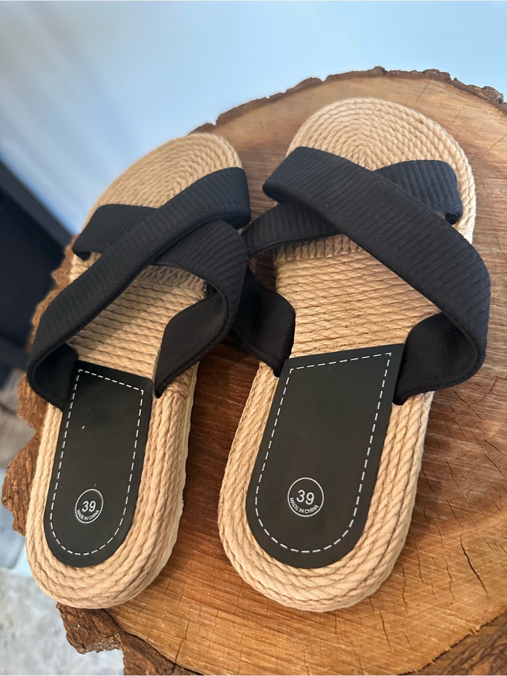 Women’s Black Cross-Strap Rope Slide Sandals